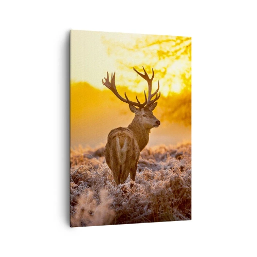 Impression sur toile - Image sur toile - Un cerf sur fond de forêt d'automne illuminée par le soleil doré - 70x100cm - Roi de la forêt automnal - Décoration murale moderne pour le salon et la chambre ARTTOR
