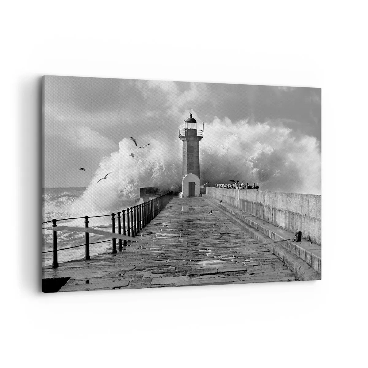 Impression sur toile - Image sur toile - Un phare entouré de vagues pendant une tempête - 100x70cm - Sans peur - Décoration murale moderne pour le salon et la chambre ARTTOR