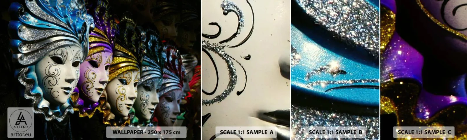 Échantillon De Papier Peint Standard Eco - Mystère en or et argent - Masque vénitien, Venise, Carnaval - 100x30 cm