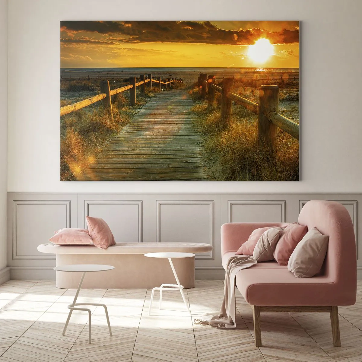 Impression sur verre - Image sur verre - Un chemin en bois menant vers le soleil couchant - 70x50cm - Baigné dans le vieil or - Décoration murale moderne pour le salon et la chambre ARTTOR
