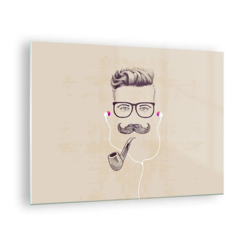 Impression sur verre - Image sur verre - Un dessin d'un homme stylisé avec des lunettes, une moustache et une pipe. - 70x50cm - Un vrai homme? - Décoration murale moderne pour le salon et la chambre ARTTOR