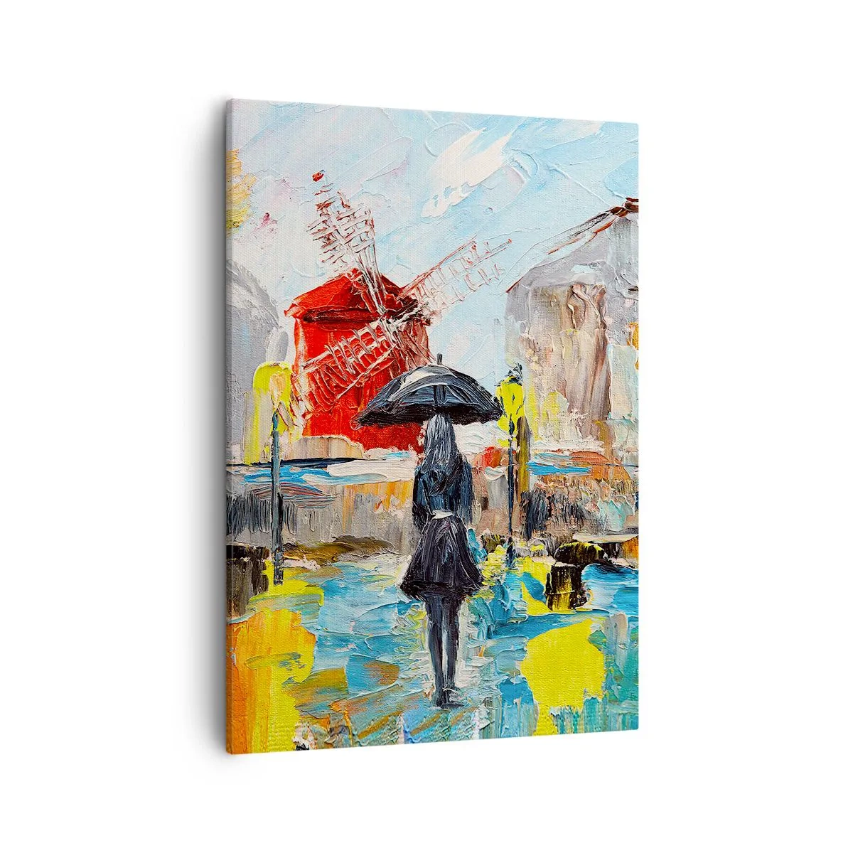 Impression sur toile - Image sur toile - Une scène pittoresque avec un parapluie sur fond de Paris aux couleurs vibrantes. - 50x70cm - Légende parisienne - Décoration murale moderne pour le salon et la chambre ARTTOR