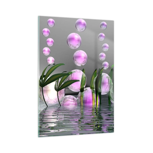 Impression sur verre - Image sur verre - Bulles violettes flottant au-dessus de l'eau avec des plantes - 50x70cm - Une composition réfléchissante de légèreté et de vie - Décoration murale moderne pour le salon et la chambre ARTTOR