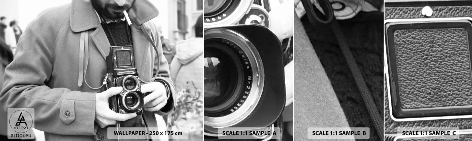 Échantillon de Papier Peint Autocollant Deluxe Sticker - Dans un style rétro - Caméra, Ancien, Caméra - 100x30 cm