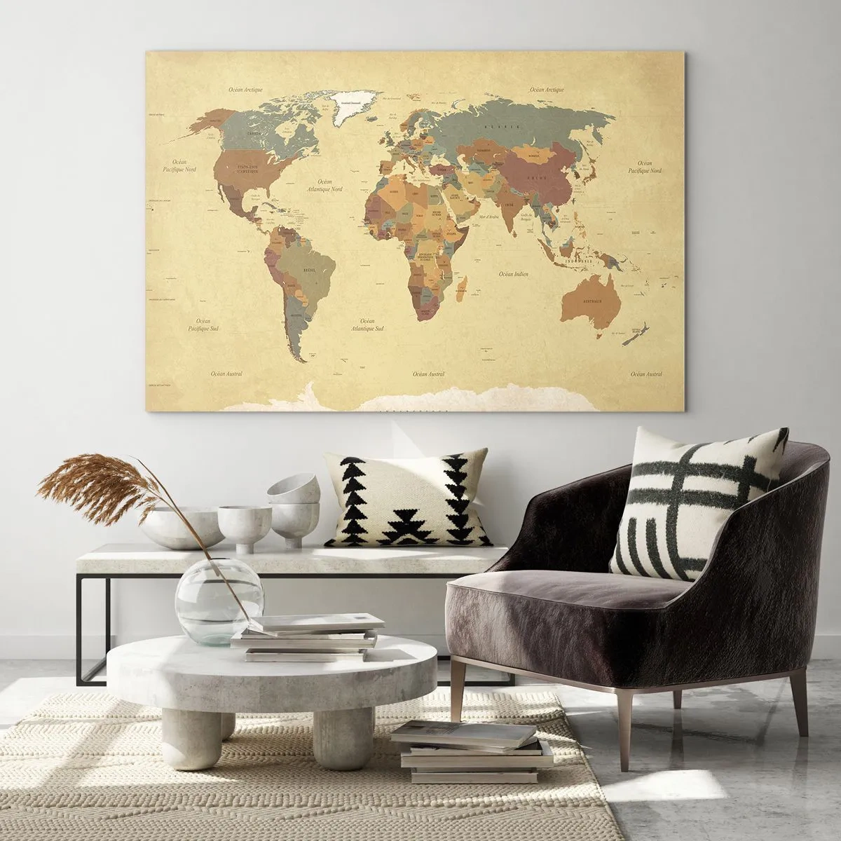 Impression sur verre - Image sur verre - Une carte du monde dans les tons beige et marron sur un fond vintage. - 120x80cm - Pour vous - le monde entier - Décoration murale moderne pour le salon et la chambre ARTTOR
