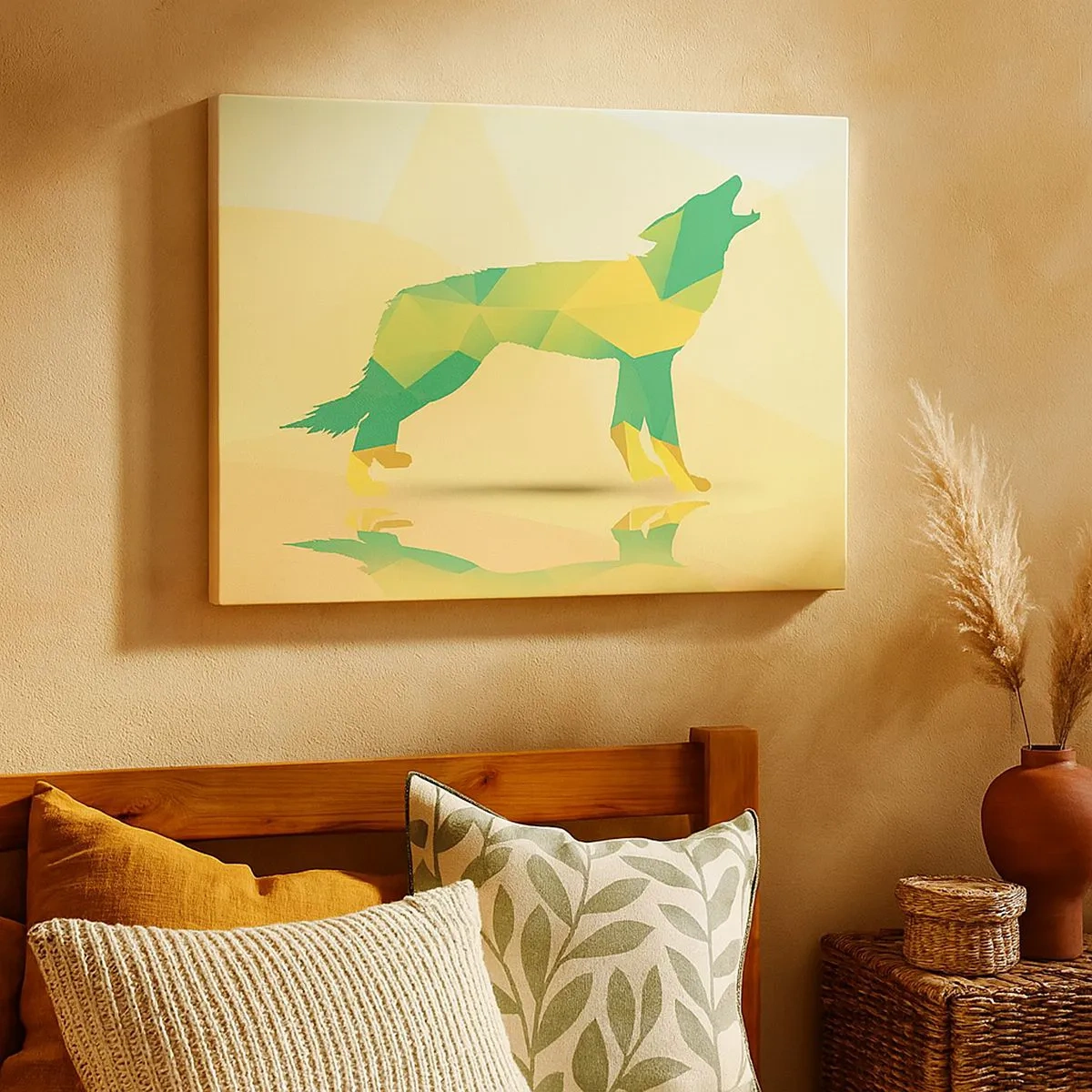 Impression sur toile - Image sur toile - Silhouette de loup géométrique dans les tons verts et jaunes - 70x50cm - Loup solitaire - Décoration murale moderne pour le salon et la chambre ARTTOR
