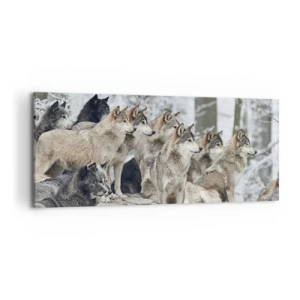 Impression sur toile - Image sur toile - Une meute de loups dans la forêt d'hiver - 120x50cm - Famille et amis - Décoration murale moderne pour le salon et la chambre ARTTOR