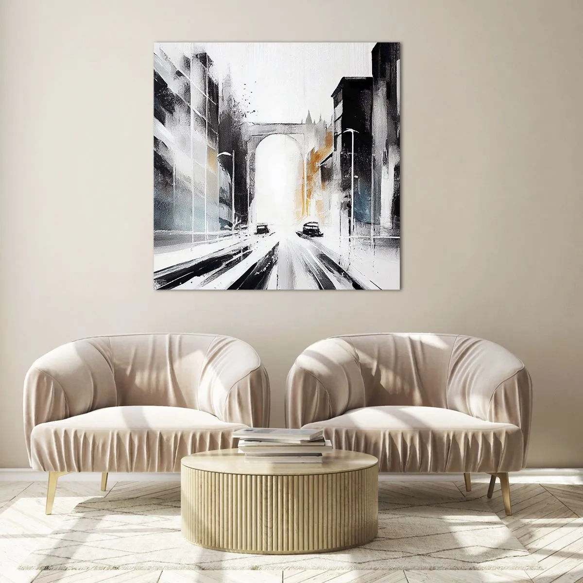 Impression sur verre - Image sur verre - Étude de ville : architecture et mouvement - 50x50 cm