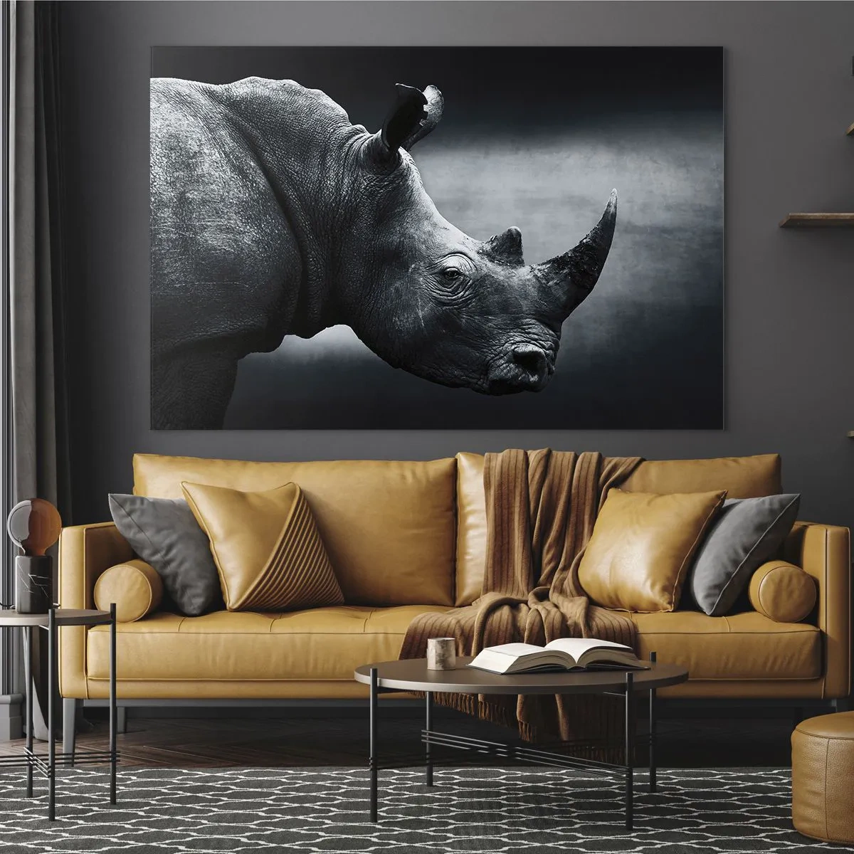 Impression sur verre - Image sur verre - Photographie en noir et blanc d'un rhinocéros - 100x70cm - Le profil droit - Décoration murale moderne pour le salon et la chambre ARTTOR