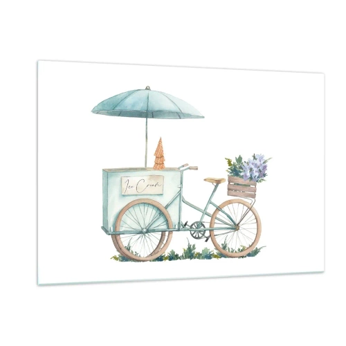Impression sur verre - Image sur verre - Un vélo avec de la glace et des fleurs pastel - 120x80cm - Doux souvenir d'été - Décoration murale moderne pour le salon et la chambre ARTTOR