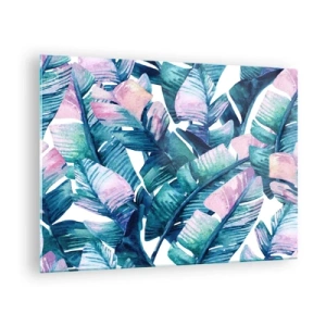 Impression sur verre - Image sur verre - Feuilles de bananier aux tons pastel sur fond blanc - 70x50cm - Dans une bananeraie - Décoration murale moderne pour le salon et la chambre ARTTOR