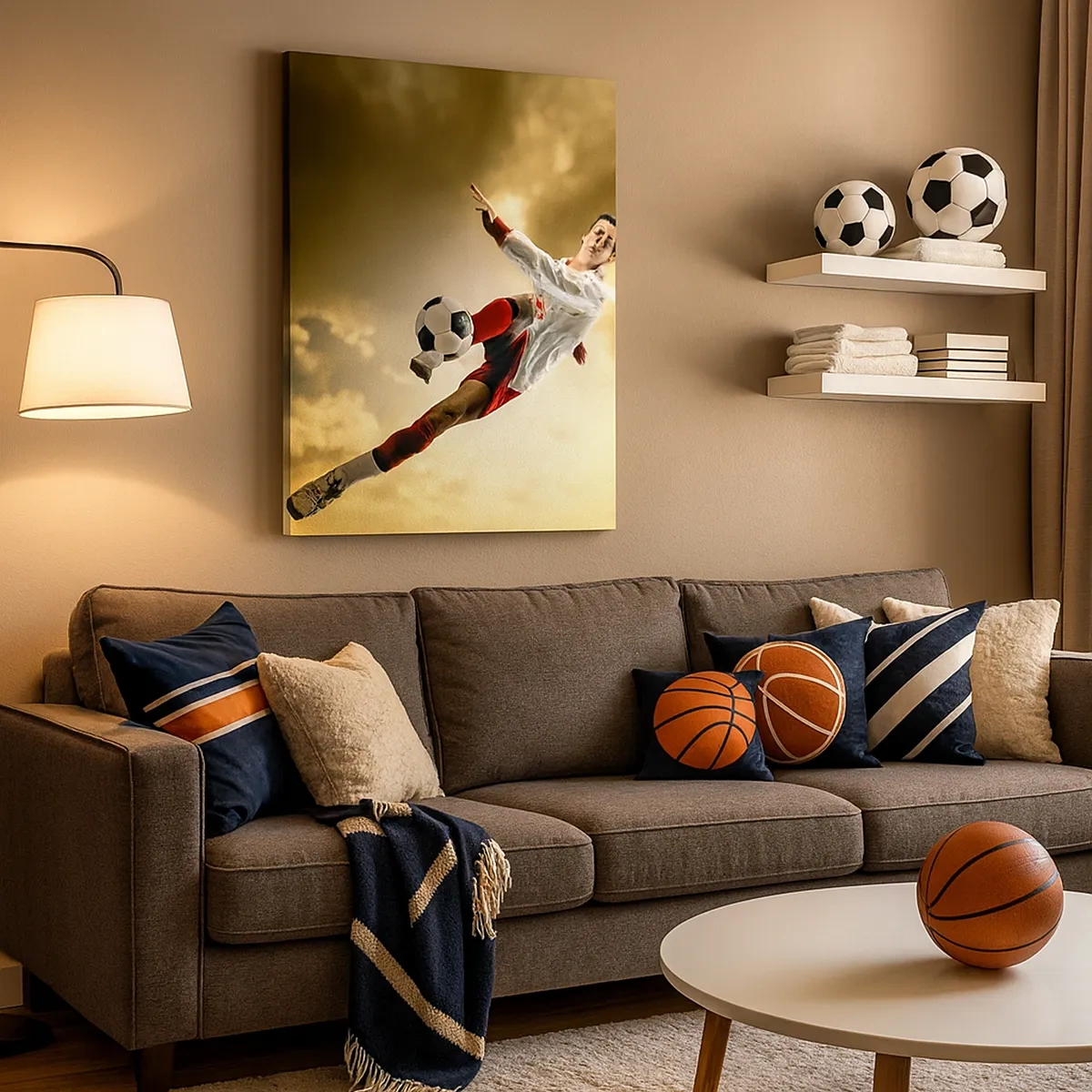 Impression sur toile - Image sur toile - Un joueur de football dans un saut dynamique frappant le ballon contre le ciel - 50x70cm - Le paradis du football - Décoration murale moderne pour le salon et la chambre ARTTOR