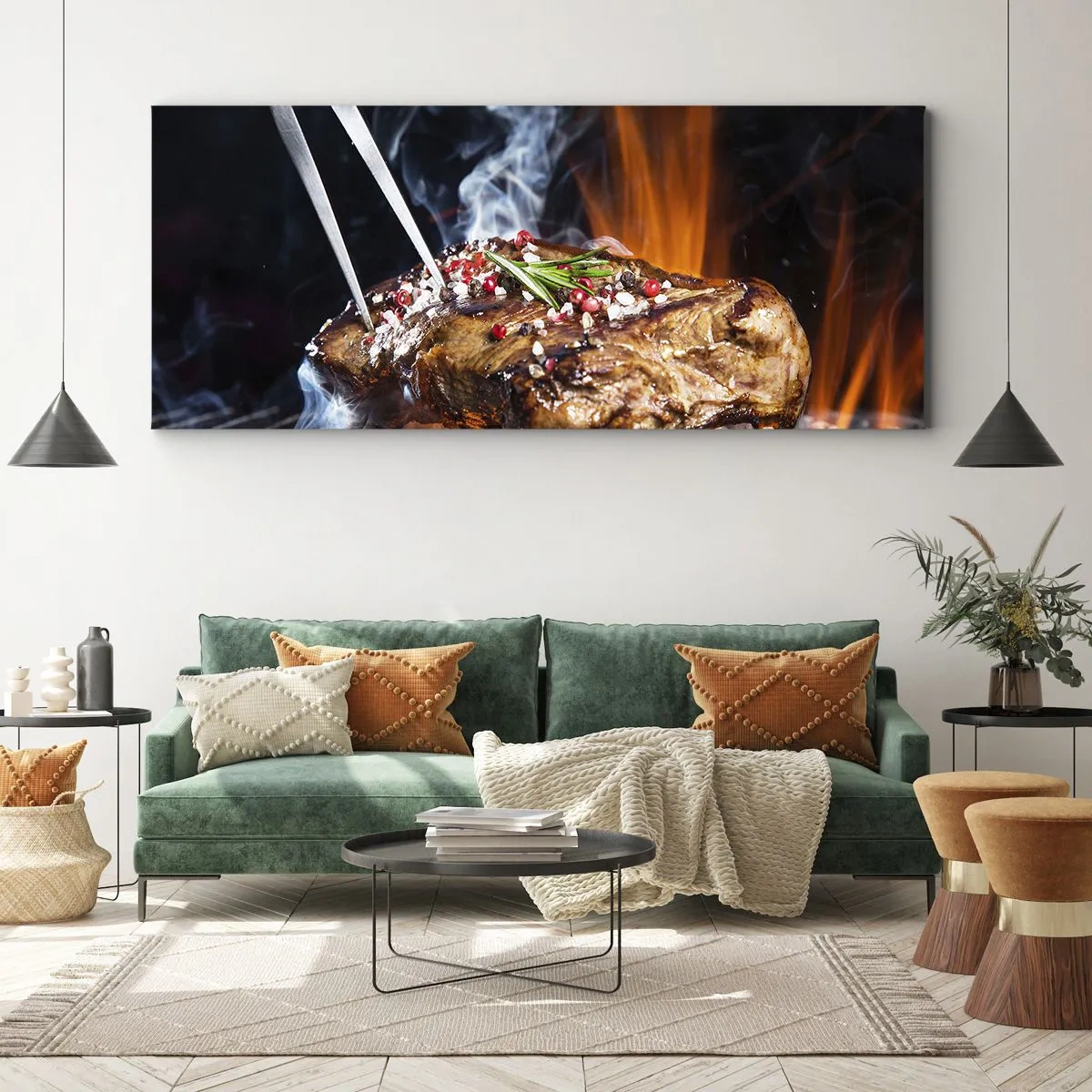 Impression sur toile - Image sur toile - Steak grillé sur un gril aux épices - 140x50cm - Juteux et parfumé - Décoration murale moderne pour le salon et la chambre ARTTOR