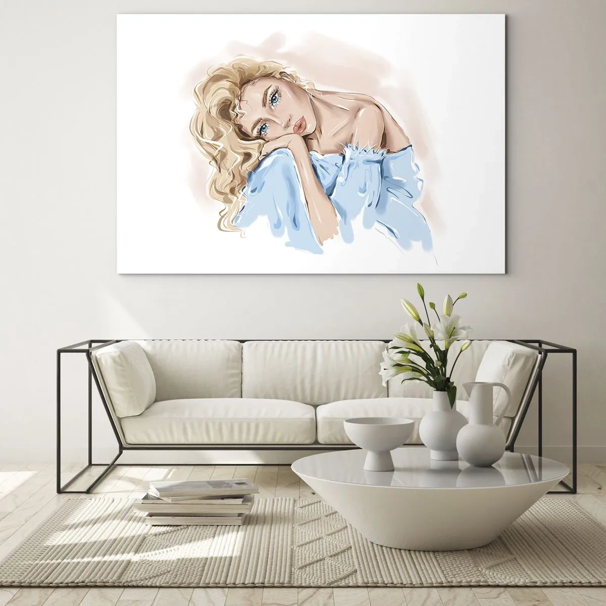 Impression sur verre - Image sur verre - Portrait d'une blonde en robe bleue avec un regard pensif - 70x50cm - Rêveuse en bleu - Décoration murale moderne pour le salon et la chambre ARTTOR