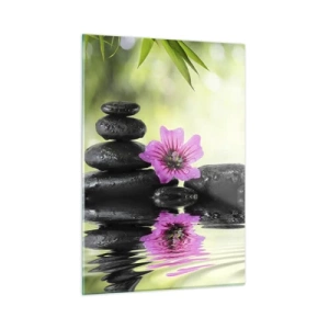 Impression sur verre - Image sur verre - Pierres noires et une fleur rose sur fond de nature - 50x70cm - Temps pour l'âme - Décoration murale moderne pour le salon et la chambre ARTTOR