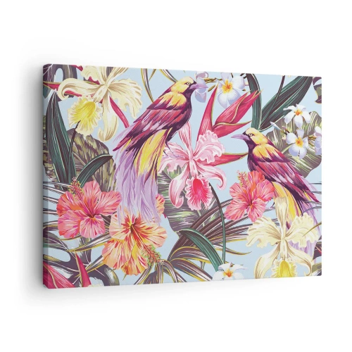 Impression sur toile - Image sur toile - Oiseaux exotiques parmi les fleurs tropicales - 70x50cm - Pétales et plumes - Décoration murale moderne pour le salon et la chambre ARTTOR