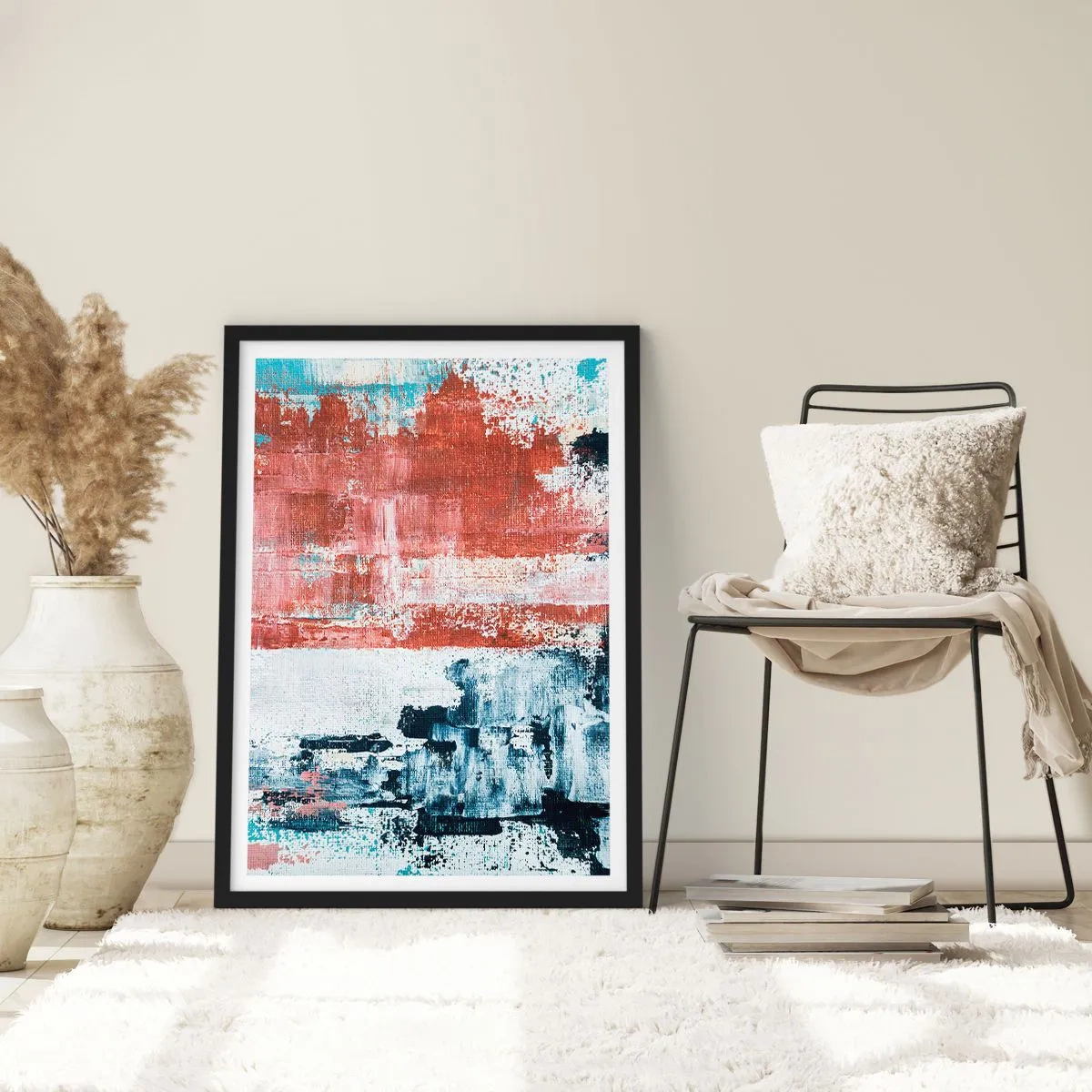 Affiche dans un cadre noir - Poster - Composition abstraite dans les tons de rouge, blanc et bleu - 50x70cm - Moitié-moitié abstrait - Décoration murale moderne pour le salon et la chambre ARTTOR