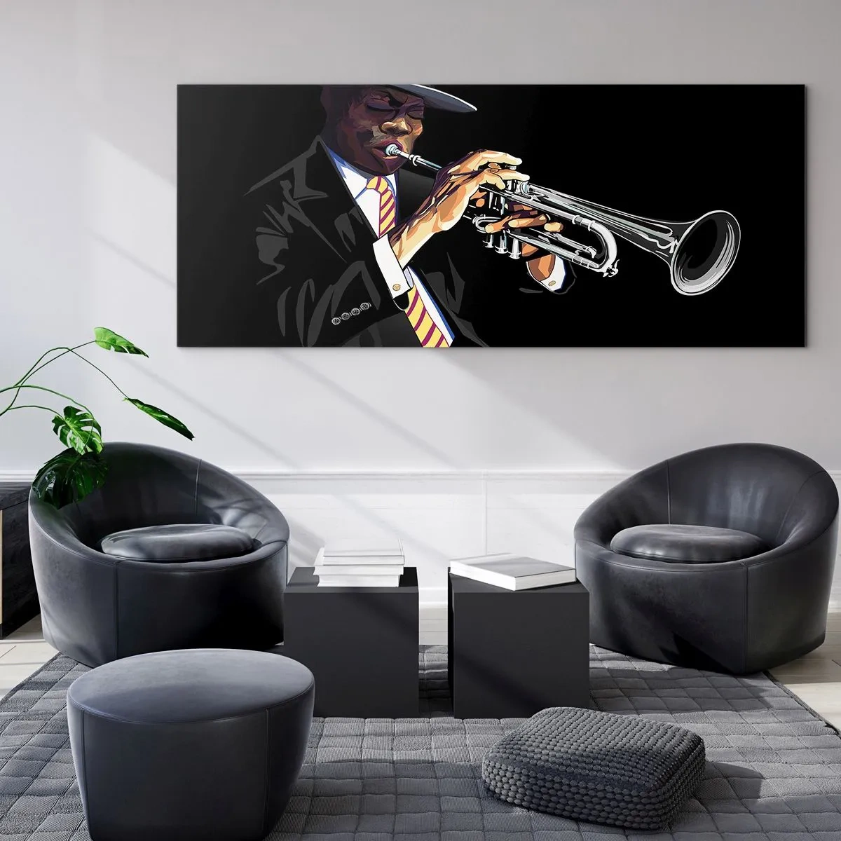 Impression sur verre - Image sur verre - Un musicien jouant de la trompette sur un fond noir - 120x50cm - Le charme de la vieille école - Décoration murale moderne pour le salon et la chambre ARTTOR