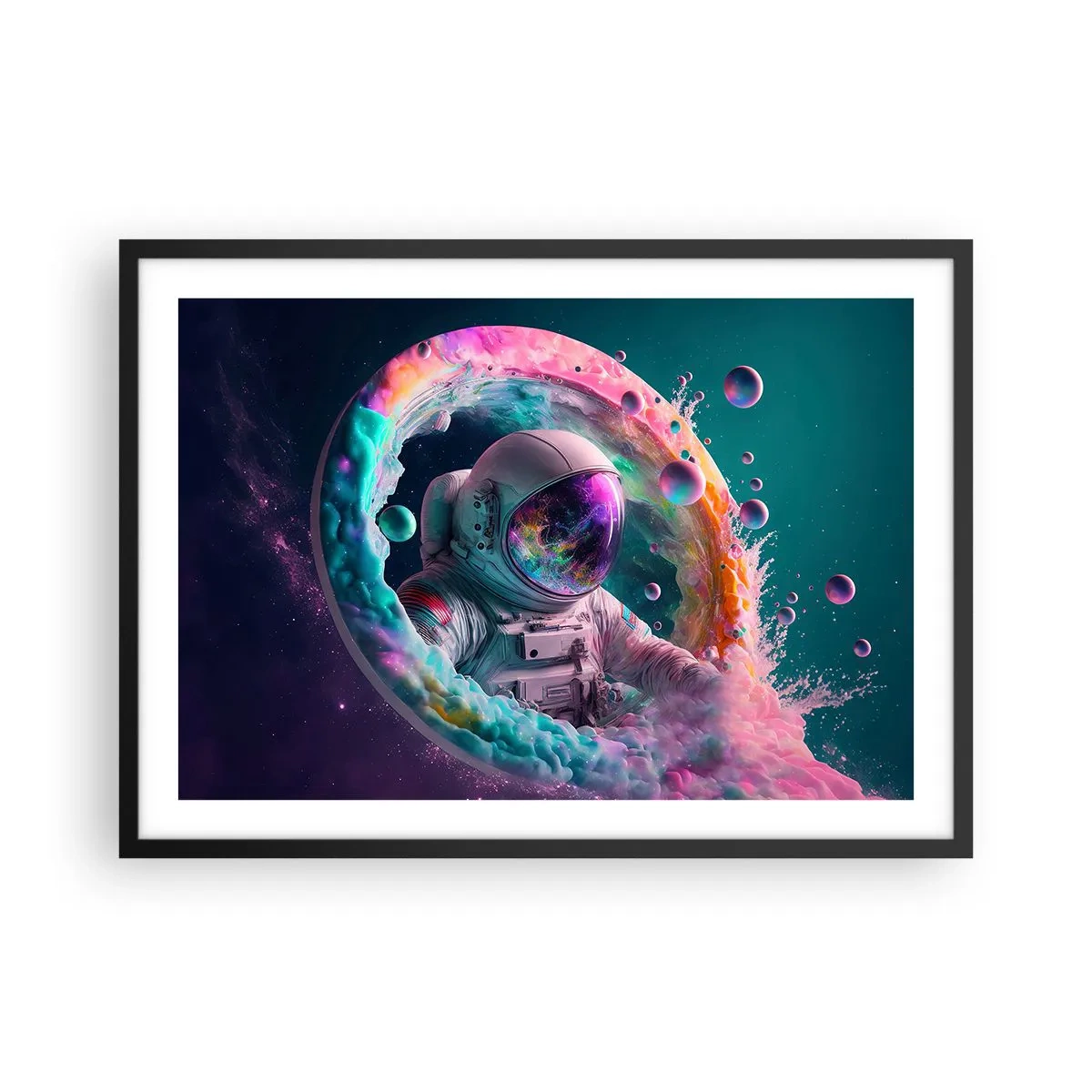 Affiche dans un cadre noir - Poster - Astronaute dans une aura cosmique colorée - 70x50cm - porte des étoiles - Décoration murale moderne pour le salon et la chambre ARTTOR