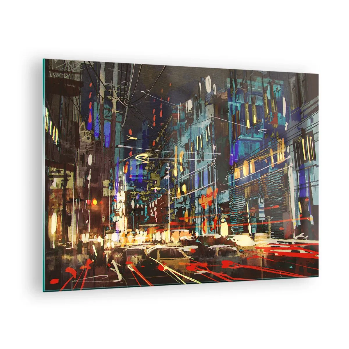 Impression sur verre - Image sur verre - Rue de la ville le soir avec des néons et de la circulation - 70x50cm - L'agitation de la rue en soirée - Décoration murale moderne pour le salon et la chambre ARTTOR