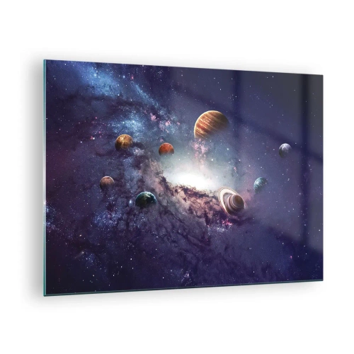 Impression sur verre - Image sur verre - Une vision fantaisiste de planètes tournant dans l'espace - 70x50cm - Système de danse solaire - Décoration murale moderne pour le salon et la chambre ARTTOR