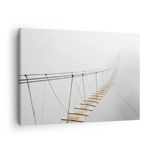 Impression sur toile - Image sur toile - Un pont suspendu dans le brouillard vu d'une perspective minimaliste - 70x50cm - Où cela va-t-il te mener? - Décoration murale moderne pour le salon et la chambre ARTTOR