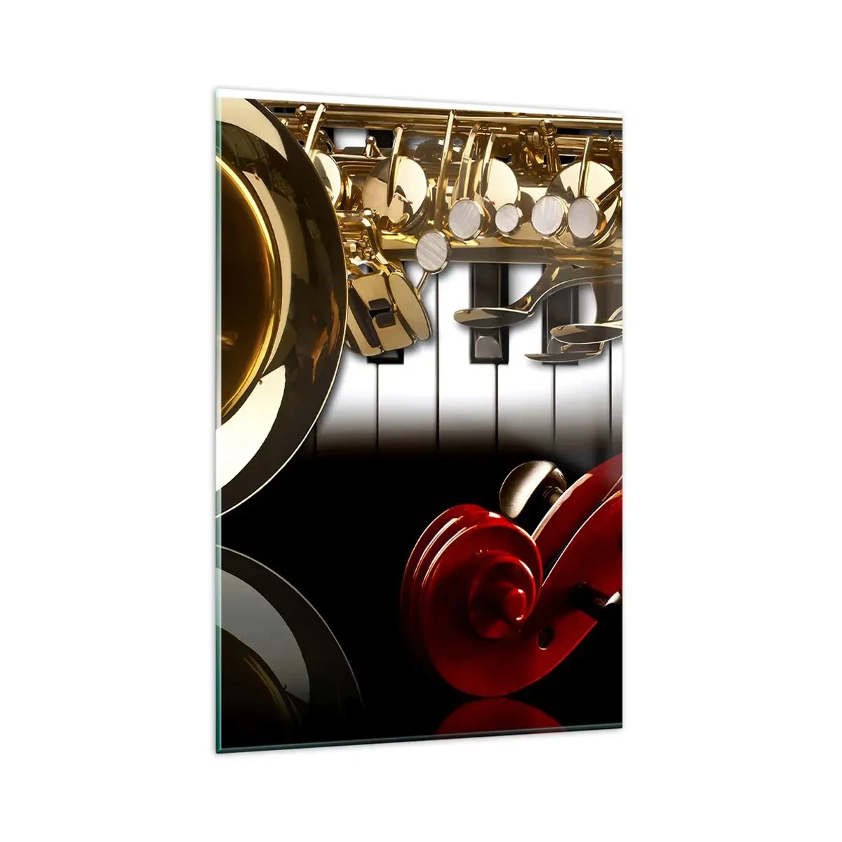 Impression sur verre - Image sur verre - Un saxophone doré, des touches de piano et un violon rouge - 80x120cm - Tôle, bois et ivoire - Décoration murale moderne pour le salon et la chambre ARTTOR
