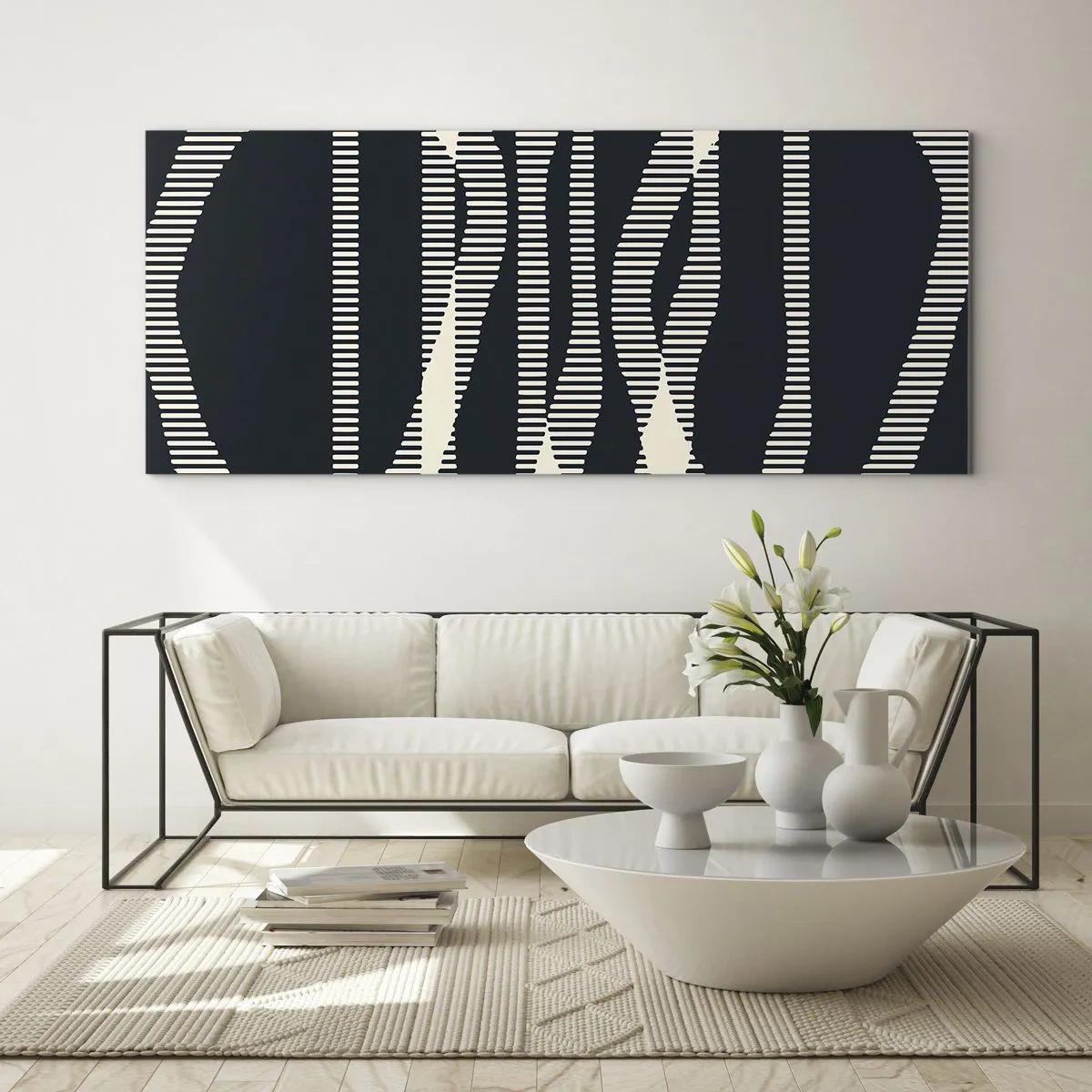 Impression sur verre - Image sur verre - Lignes géométriques dans des tons clairs sur un fond sombre - 120x50cm - Une tentative de briser l'obscurité - Décoration murale moderne pour le salon et la chambre ARTTOR