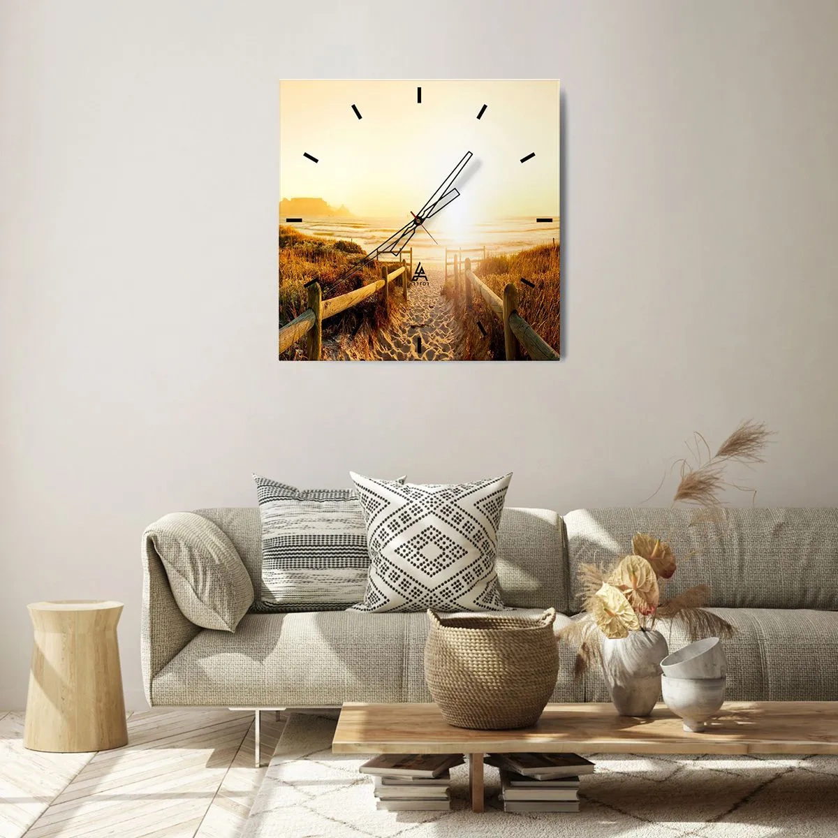 Horloge murale - Pendule murale - Chemin vers la plage pendant un coucher de soleil doré - 30x30cm - A travers la dune, vers le soleil - Décoration murale moderne pour le salon et la chambre ARTTOR