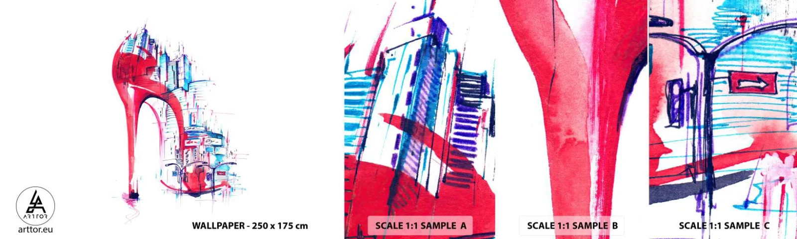 Échantillon de Papier Peint Autocollant Deluxe Sticker - L'élégance des grandes villes - Abstraction, Architecture, Chaussures de femme - 100x30 cm