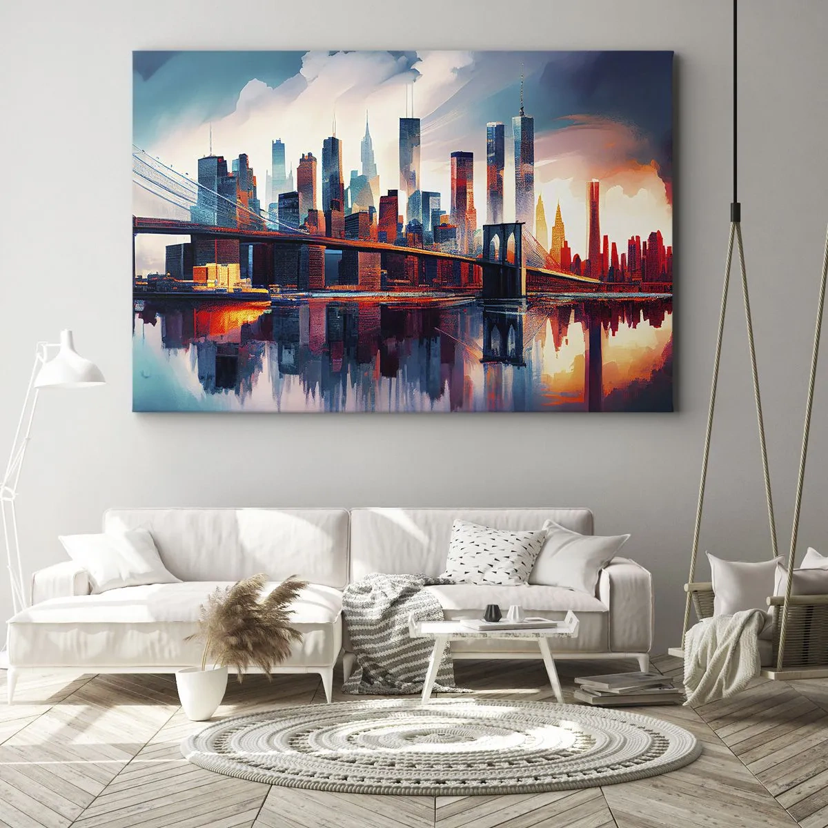 Impression sur toile - Image sur toile - Panorama de la ville de New York avec pont et reflet dans l'eau - 70x50cm - New York onirique - Décoration murale moderne pour le salon et la chambre ARTTOR