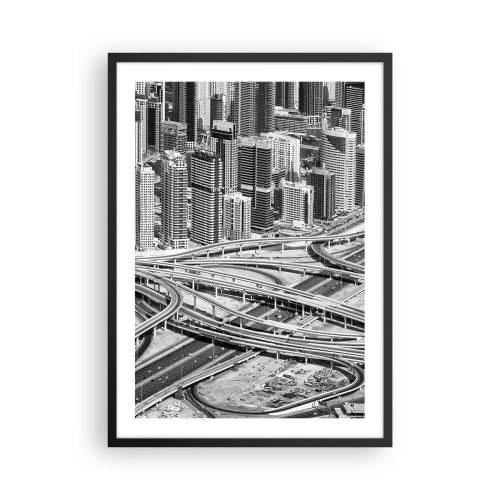 Affiche dans un cadre noir - Poster - Panorama de la ville avec réseau routier en noir et blanc - 50x70cm - Dubaï - la ville impossible - Décoration murale moderne pour le salon et la chambre ARTTOR