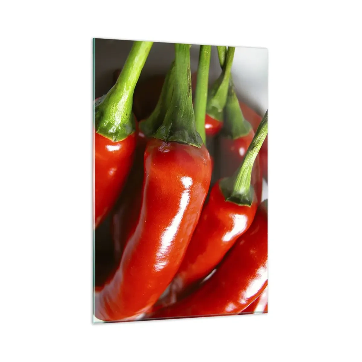 Impression sur verre - Image sur verre - Gros plan de piments rouges avec des tiges vertes - 80x120cm - Juteux, brillant, lisse - Décoration murale moderne pour le salon et la chambre ARTTOR