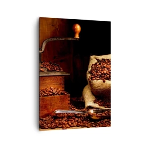 Impression sur toile - Image sur toile - Un vieux moulin à café avec des grains et un sac dans un style rustique. - 50x70cm - Nature morte avec grains de café et moulin - Décoration murale moderne pour le salon et la chambre ARTTOR
