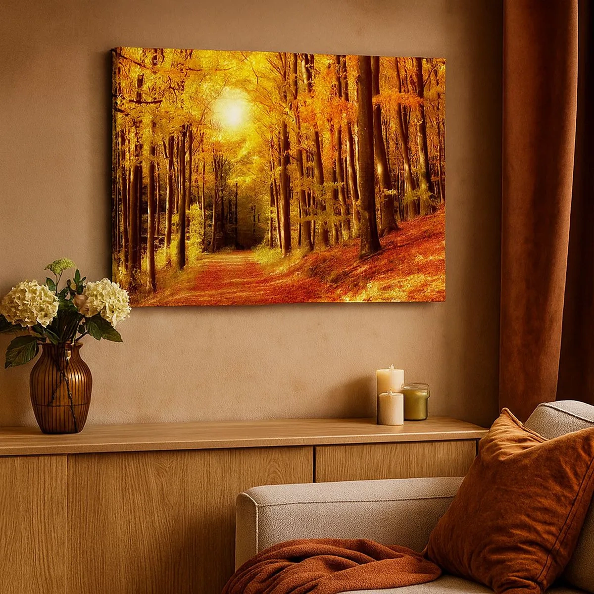 Impression sur toile - Image sur toile - Forêt d'automne avec les rayons du soleil qui brillent à travers les arbres - 70x50cm - Automne doré sur une route forestière - Décoration murale moderne pour le salon et la chambre ARTTOR