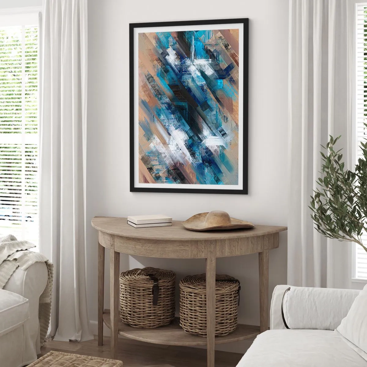 Affiche dans un cadre noir - Poster - Une composition abstraite avec des lignes diagonales dans des tons de bleu. - 50x70cm - Diagonale de bleus - Décoration murale moderne pour le salon et la chambre ARTTOR