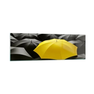 Impression sur verre - Image sur verre - Un parapluie jaune parmi des parapluies noirs - 160x50cm - Adieu chagrin - Décoration murale moderne pour le salon et la chambre ARTTOR