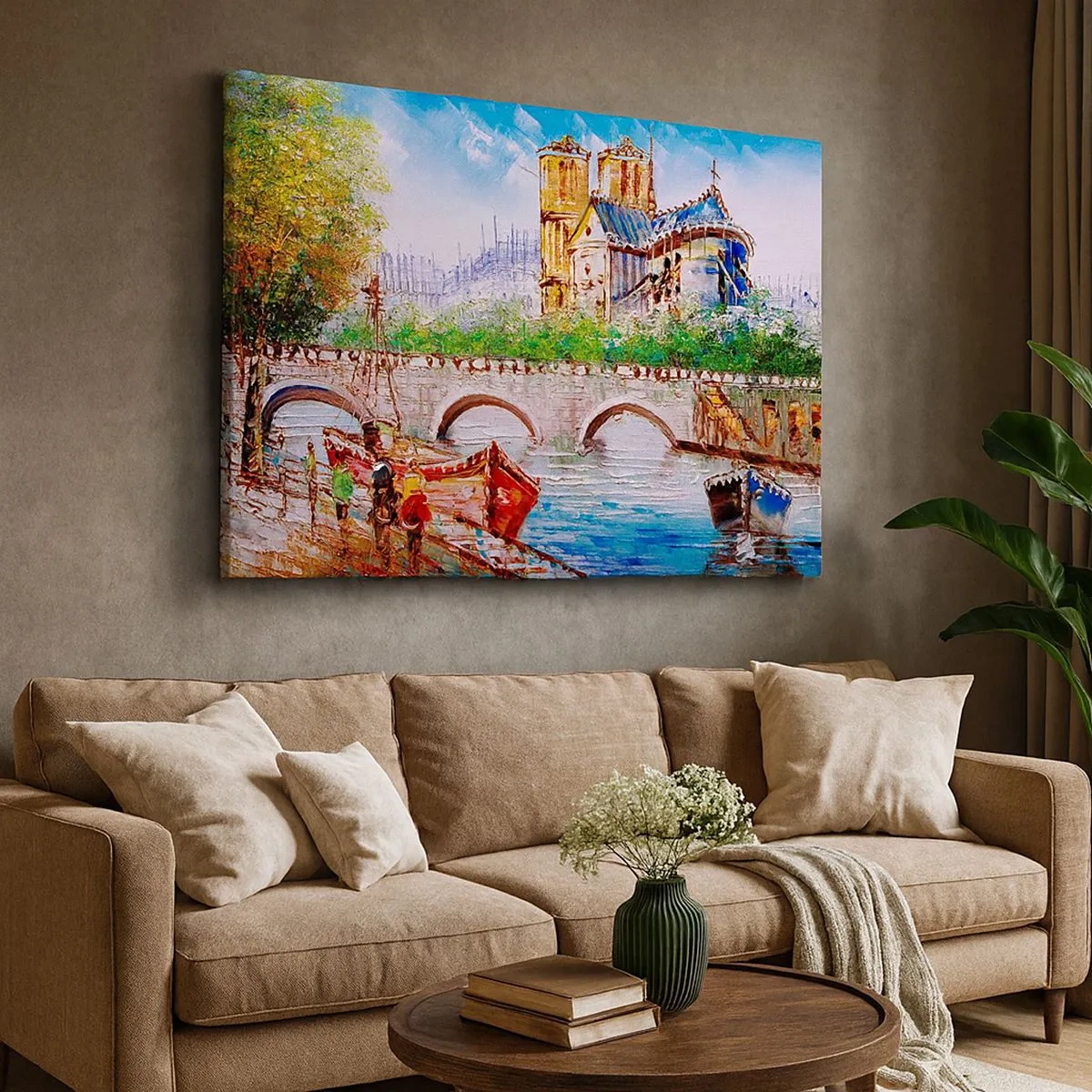 Impression sur toile - Image sur toile - Paysage avec un pont et une cathédrale de style classique - 70x50cm - Leur temps ne passe jamais - Décoration murale moderne pour le salon et la chambre ARTTOR