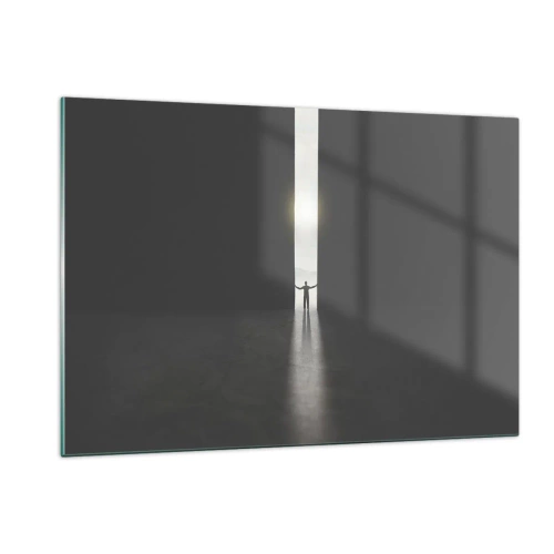 Impression sur verre - Image sur verre - Silhouette d'un homme ouvrant une porte sur une lumière vive - 120x80cm - Étape vers un avenir radieux - Décoration murale moderne pour le salon et la chambre ARTTOR