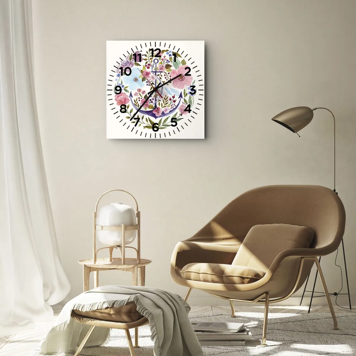 Horloge murale - Pendule murale - Une ancre entourée de fleurs à l'aquarelle sur un fond clair - 30x30cm - Le beau rêve du marin - Décoration murale moderne pour le salon et la chambre ARTTOR