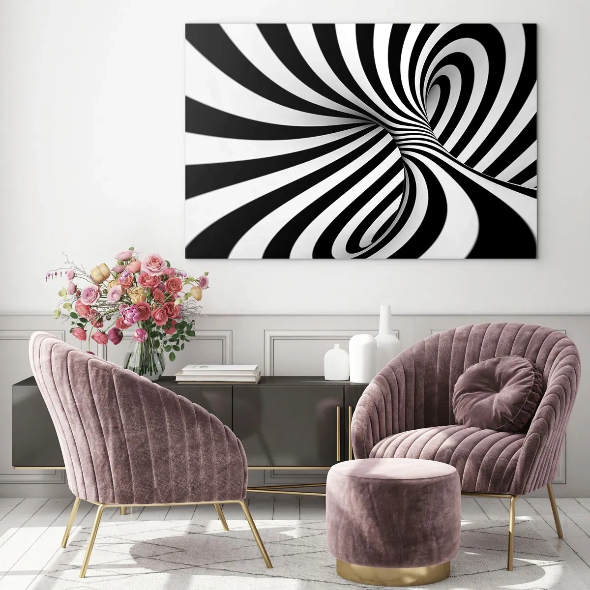 Impression sur verre - Image sur verre - Une spirale noire et blanche créant un effet spatial dynamique. - 100x70cm - Composition : espace de danse - Décoration murale moderne pour le salon et la chambre ARTTOR