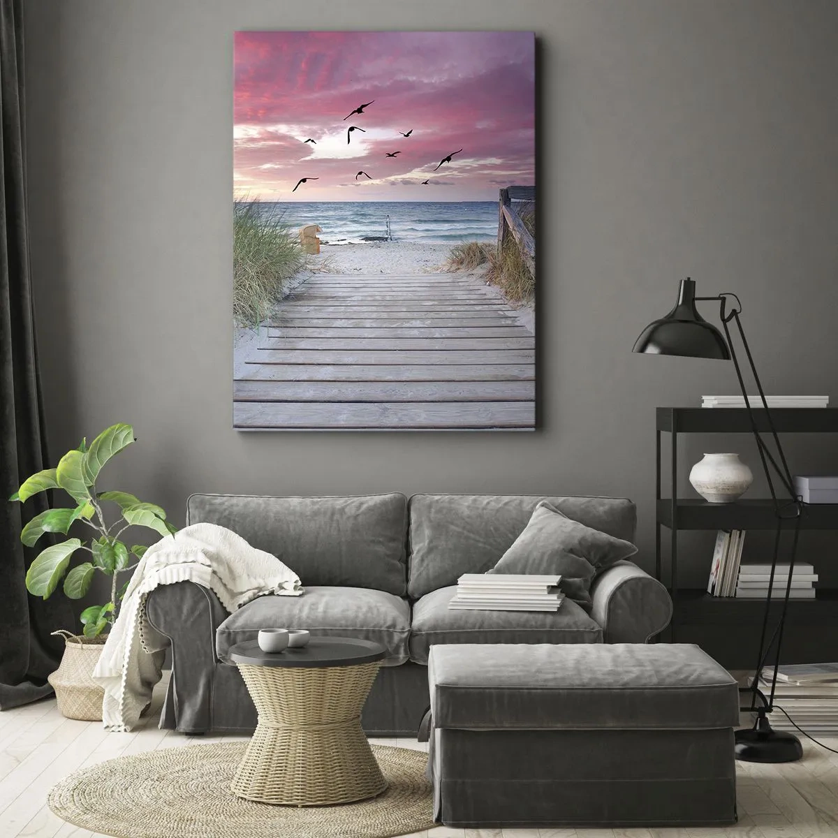 Impression sur toile - Image sur toile - Chemin en bois sur la plage au coucher du soleil rose - 70x100cm - Impression de la Baltique - Décoration murale moderne pour le salon et la chambre ARTTOR