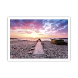 Affiche - Poster - Plage au lever du soleil avec bateau et jetée - 100x70cm - Moment d'expérience profonde - Décoration murale moderne pour le salon et la chambre ARTTOR