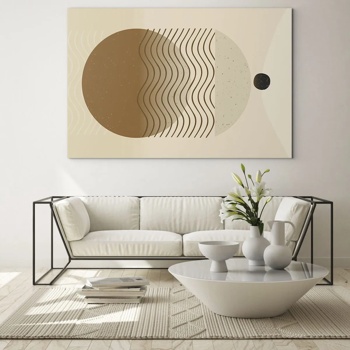 Impression sur verre - Image sur verre - Composition géométrique avec des vagues et des cercles dans des couleurs beiges - 70x50cm - Sur l'origine des figures géométriques - Décoration murale moderne pour le salon et la chambre ARTTOR