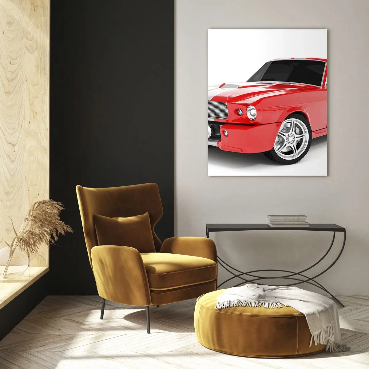 Impression sur verre - Image sur verre - Voiture de sport rouge à rayures blanches - 70x100cm - Une Mustang aussi rapide que le vent - Décoration murale moderne pour le salon et la chambre ARTTOR