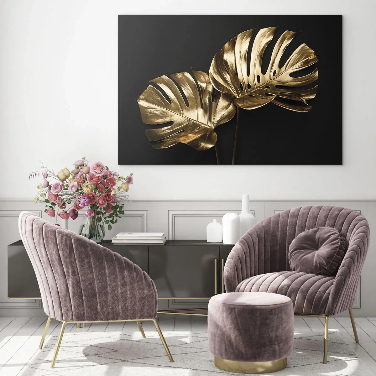 Impression sur verre - Image sur verre - Feuilles de monstera dorées sur fond noir - 100x70cm - Les trésors de la nature - Décoration murale moderne pour le salon et la chambre ARTTOR