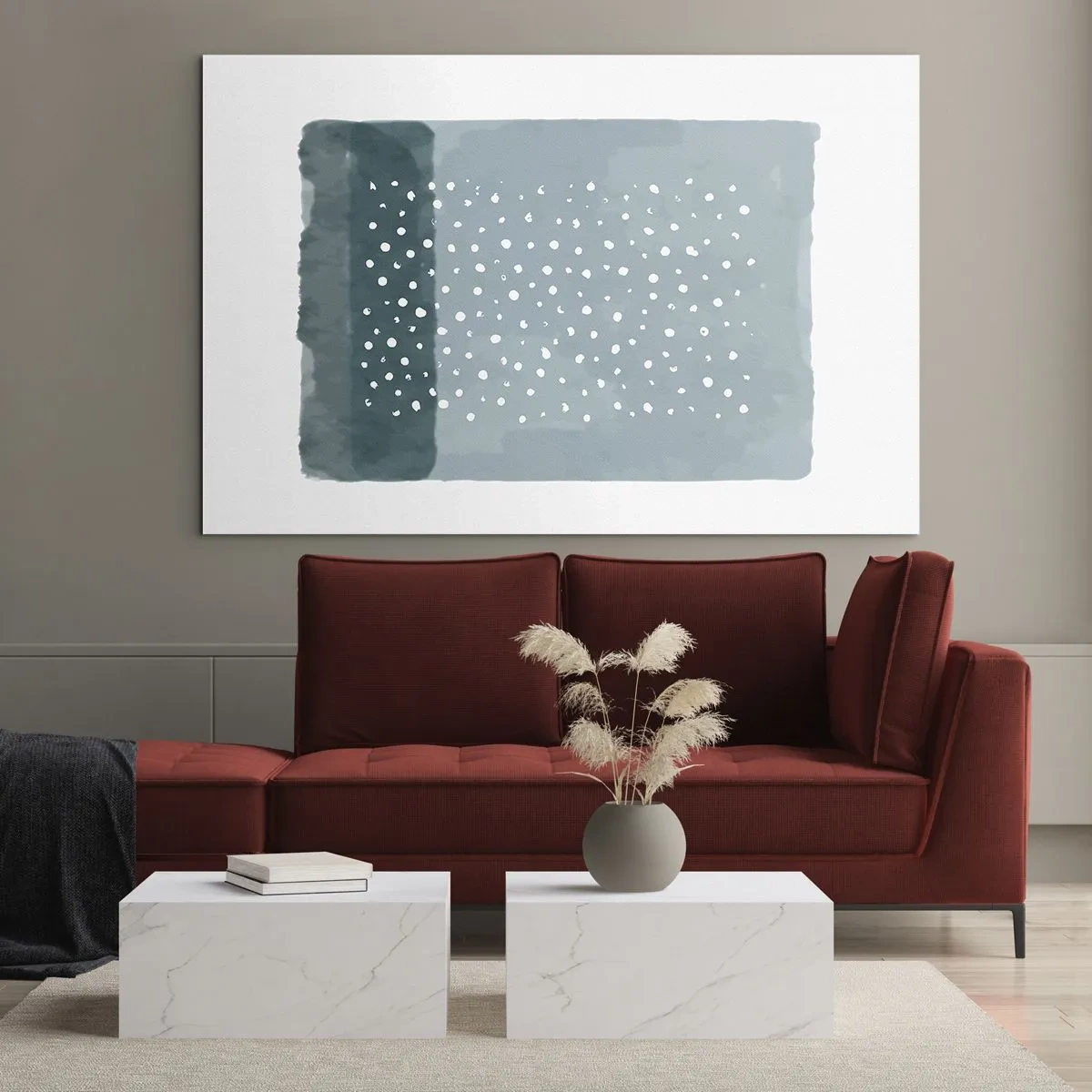 Impression sur verre - Image sur verre - Une peinture abstraite dans des tons de bleu avec des points blancs. - 70x50cm - Évolution de bleus - Décoration murale moderne pour le salon et la chambre ARTTOR