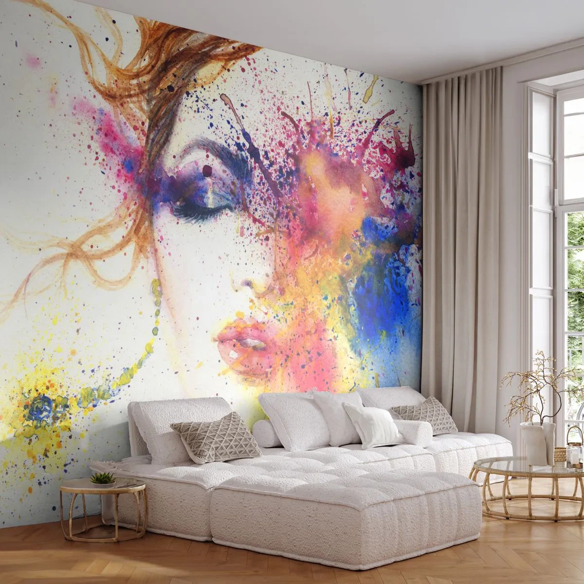 Papier Peint Photo Premium Sand - Portrait d'une femme aux couleurs aquarelles - 100x70cm - Vertiges arc-en-ciel - Décoration murale moderne pour le salon et la chambre ARTTOR