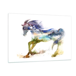 Impression sur verre - Image sur verre - Aquarelle d'un cheval avec un paysage de montagne en silhouette - 120x80cm - De la prairie directement au ciel - Décoration murale moderne pour le salon et la chambre ARTTOR