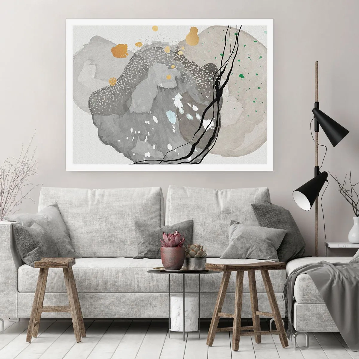 Affiche - Poster - Formes organiques dans des tons de gris avec des accents de noir et d'or - 100x70cm - Composition organique - Décoration murale moderne pour le salon et la chambre ARTTOR